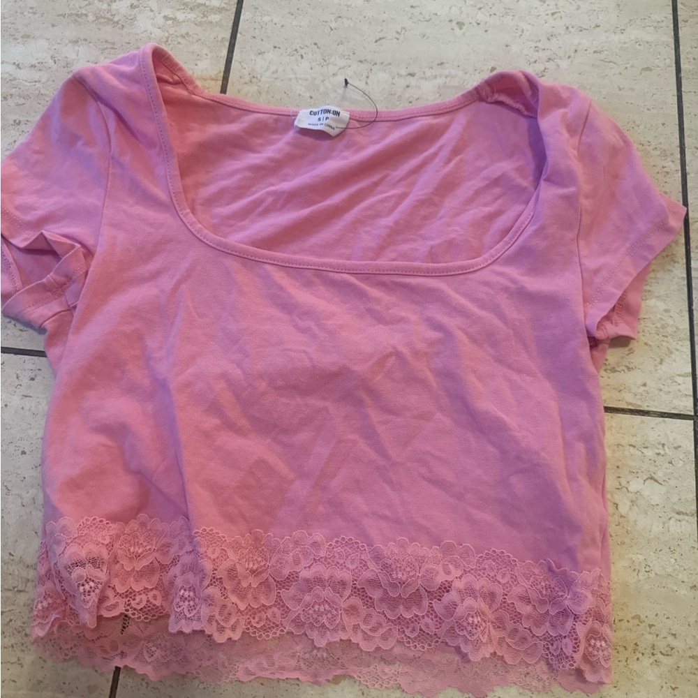 Cotton On Pink Crop Top with Lace Trim